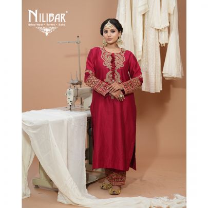Mehroon Silk Long Shirt Paired With Pants & Organza Dupatta
