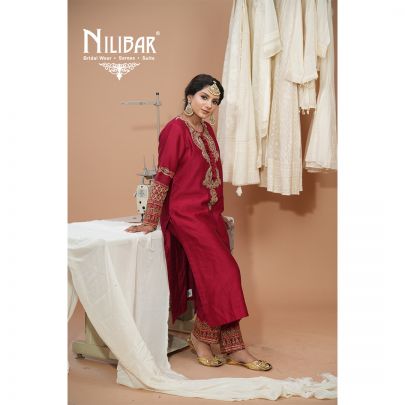Mehroon Silk Long Shirt Paired With Pants & Organza Dupatta