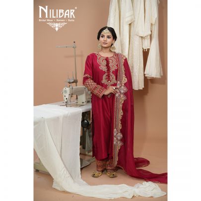 Mehroon Silk Long Shirt Paired With Pants & Organza Dupatta