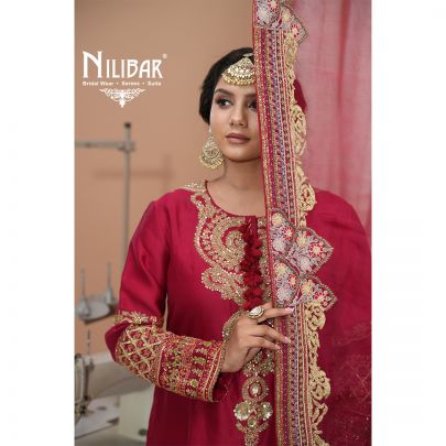 Mehroon Silk Long Shirt Paired With Pants & Organza Dupatta