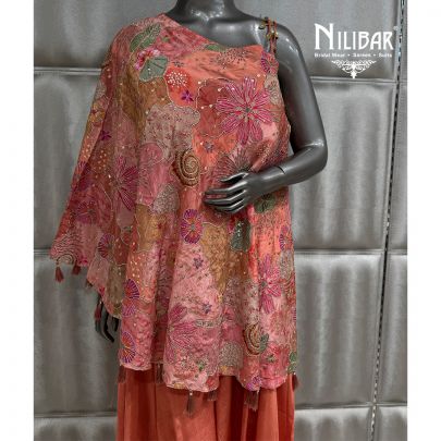 Orange Silk Crop Top Paired With Cape Top & Jaffa Pants