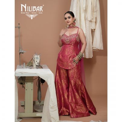 Magenta Brocade Embroidered Top Paired With Bell Bottom Pants & Net Dupatta