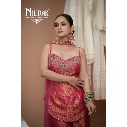 Magenta Brocade Embroidered Top Paired With Bell Bottom Pants & Net Dupatta