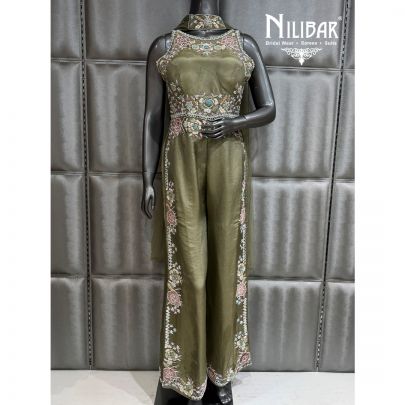 Mint Green Lame Embellished Jumpsuit Paired With Neck Butterfly Dupatta