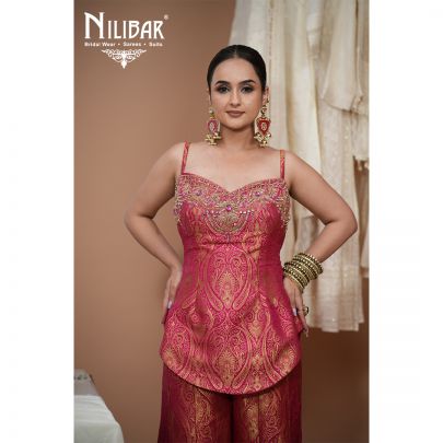 Magenta Brocade Embroidered Top Paired With Bell Bottom Pants & Net Dupatta