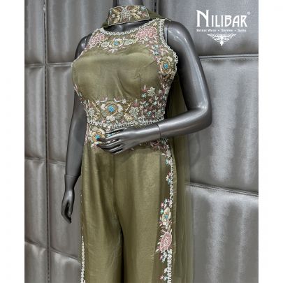 Mint Green Lame Embellished Jumpsuit Paired With Neck Butterfly Dupatta
