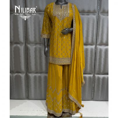Yellow Chinnon Short Shirt Paired With Sharara & Dupatta