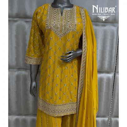 Yellow Chinnon Short Shirt Paired With Sharara & Dupatta
