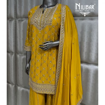 Yellow Chinnon Short Shirt Paired With Sharara & Dupatta