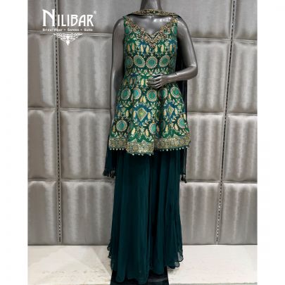 Bottle Green Georgette Short Peplum Top Paired With Jaffa Pants