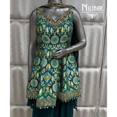 Bottle Green Georgette Short Peplum Top Paired With Jaffa Pants