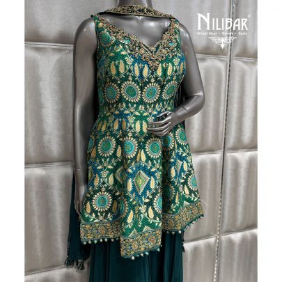 Bottle Green Georgette Short Peplum Top Paired With Jaffa Pants