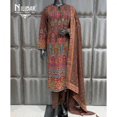 Brown & Multi Long Crepe Shirt Paired With Pants & Organza Dupatta