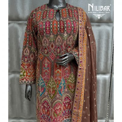 Brown & Multi Long Crepe Shirt Paired With Pants & Organza Dupatta
