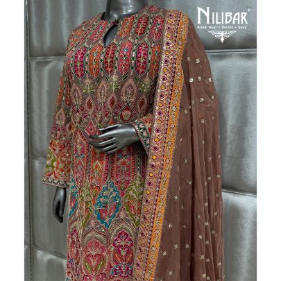 Brown & Multi Long Crepe Shirt Paired With Pants & Organza Dupatta