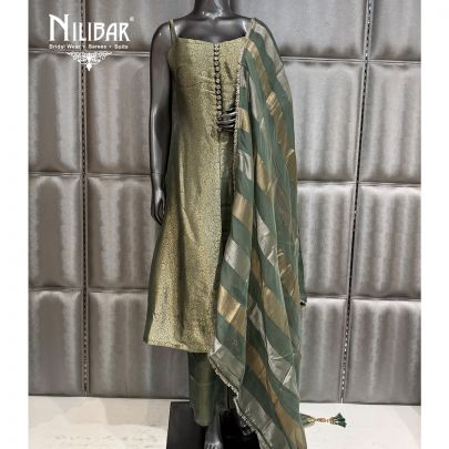Green Brocade A-line Shirt Paired With Silk Pants & Organza Dupatta