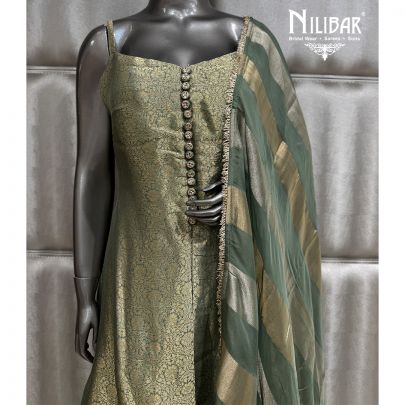 Green Brocade A-line Shirt Paired With Silk Pants & Organza Dupatta