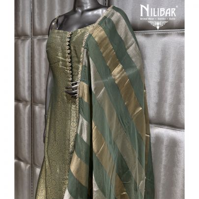 Green Brocade A-line Shirt Paired With Silk Pants & Organza Dupatta