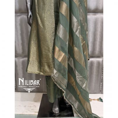 Green Brocade A-line Shirt Paired With Silk Pants & Organza Dupatta