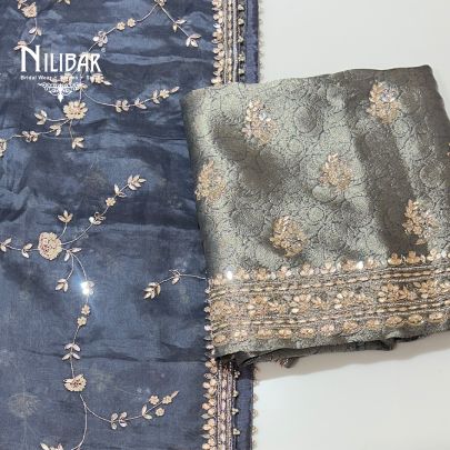 Gray Brocade Silk Unstitched Suit