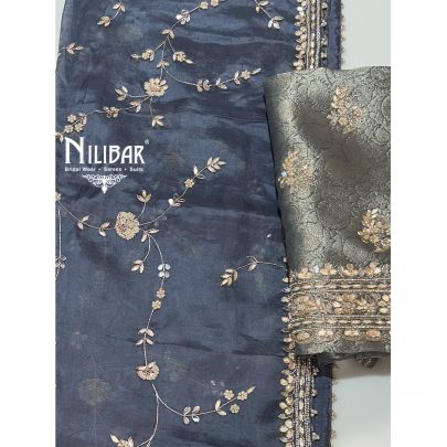 Gray Brocade Silk Unstitched Suit