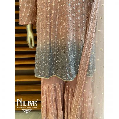 Pale pink and gray Georgette Net dupatta Peplum Suit