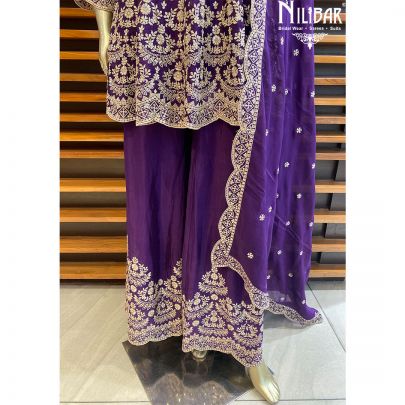 Purple Chinon Peplum Suit