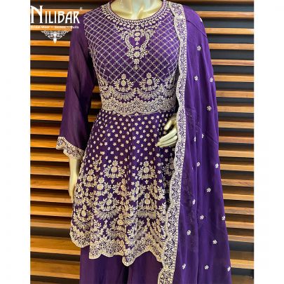 Purple Chinon Peplum Suit