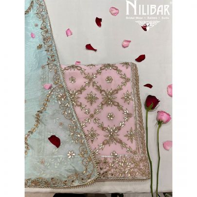 Baby Pink With Contrast Sea Blue Dupatta Georgette Pakistani Unstitched Suit
