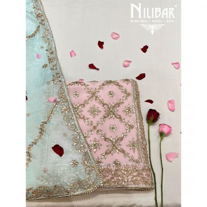 Baby Pink With Contrast Sea Blue Dupatta Georgette Pakistani Unstitched Suit