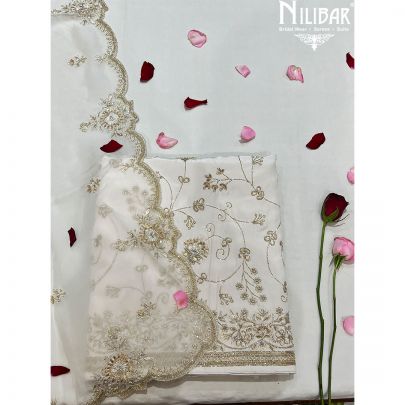 White Chinon  Pakistani Unstitched Suit