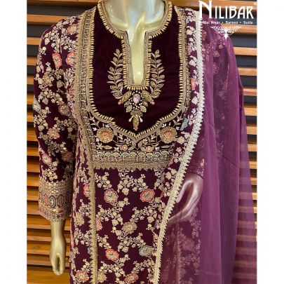 Wine Georgette Silk Organza Straight Pant Suit