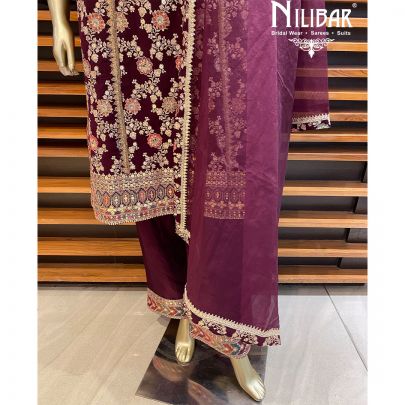 Wine Georgette Silk Organza Straight Pant Suit