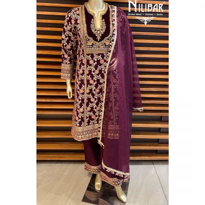 Wine Georgette Silk Organza Straight Pant Suit