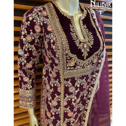 Wine Georgette Silk Organza Straight Pant Suit
