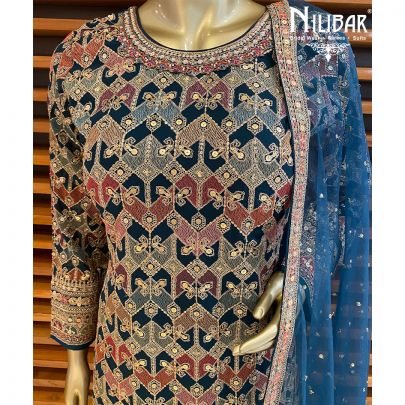Blue Georgette Silk Net Straight Pant Suit