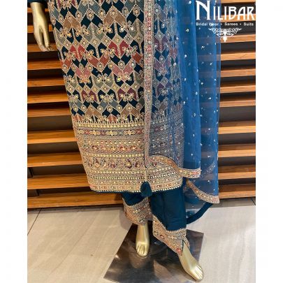 Blue Georgette Silk Net Straight Pant Suit