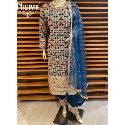 Blue Georgette Silk Net Straight Pant Suit