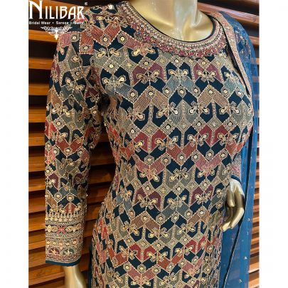 Blue Georgette Silk Net Straight Pant Suit