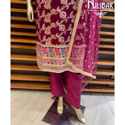  Wine Georgette Silk Net Straight Pant Suit 