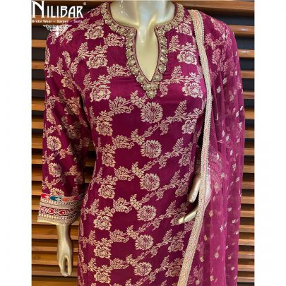  Wine Georgette Silk Net Straight Pant Suit 
