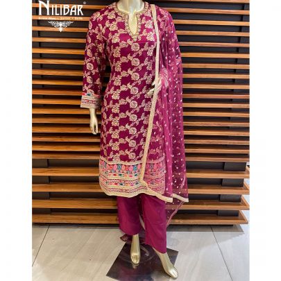  Wine Georgette Silk Net Straight Pant Suit 