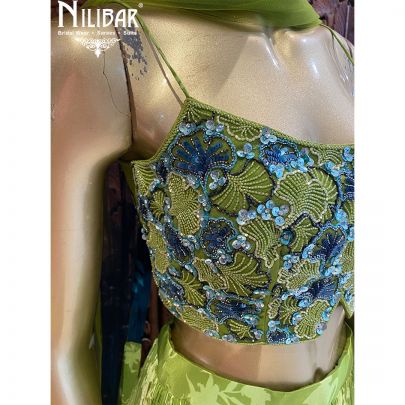 Green And Blue Net Crepe Lehenga