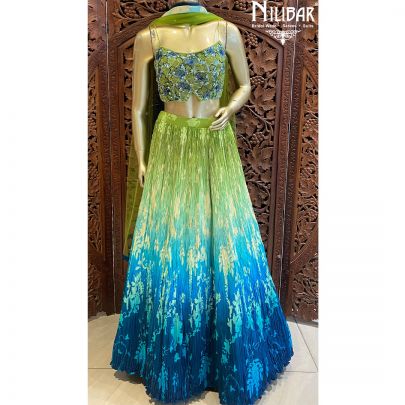 Green And Blue Net Crepe Lehenga