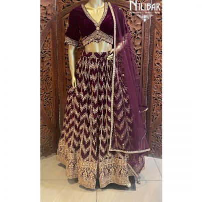 Wine Micro Velvet Georgette Lehenga