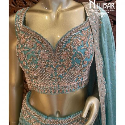 Sea Green Silk Chinon Georgette Lehenga