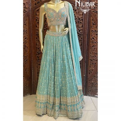 Sea Green Silk Chinon Georgette Lehenga