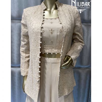 Ivory  Lucknowi Georgette Jacket Style Suits