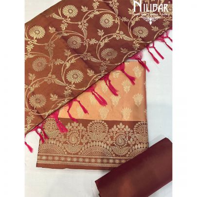 Orange With Contrast Maroon Silk Unstitched Suit