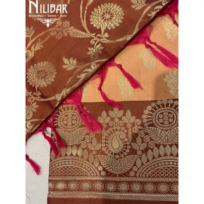 Orange With Contrast Maroon Silk Unstitched Suit